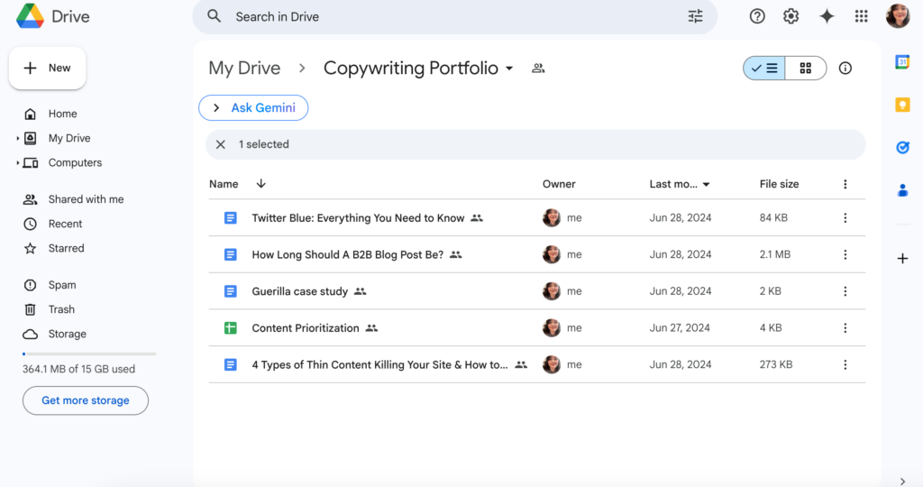 Screenshot of a Google Drive folder titled 'Copywriting Portfolio' with several documents listed, including topics like Twitter Blue and B2B blog posts