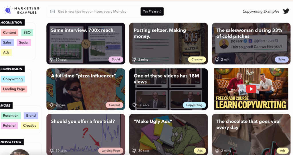 A screenshot of the MarketingExamples.com homepage, showing a grid of clickable marketing case studies organized by topics like Social, Creative, Copywriting, and Ads. Tags like “Same interview. 700x reach.” and “Posting seltzer. Making money.” are visible, showcasing practical marketing insights in a colorful, card-based layout.