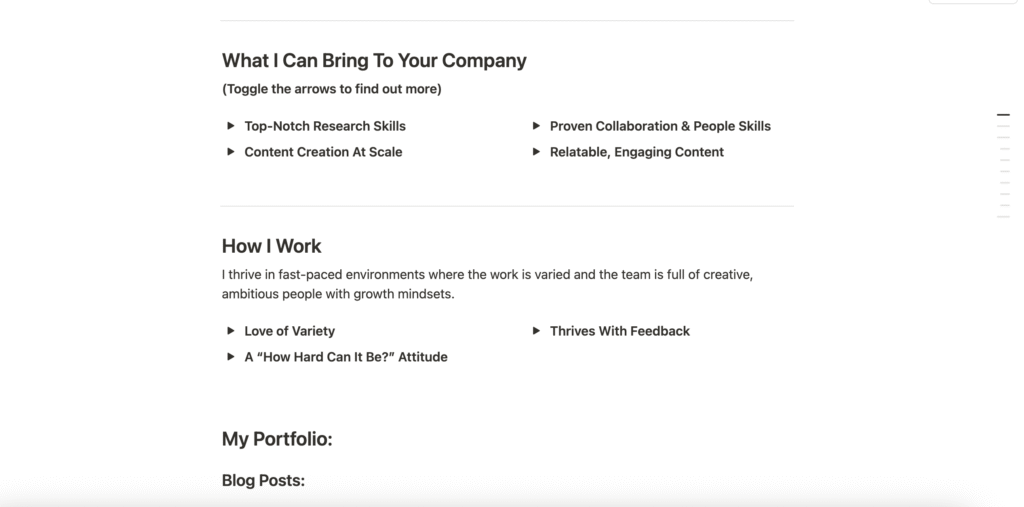 A webpage section titled “What I Can Bring To Your Company” with bullet points such as “Top-Notch Research Skills” and “Relatable, Engaging Content.” Below, a “How I Work” section highlights traits like “Thrives With Feedback” and “Love of Variety,” followed by a header for the blog post portfolio. The design is clean, with collapsible sections for easy reading.