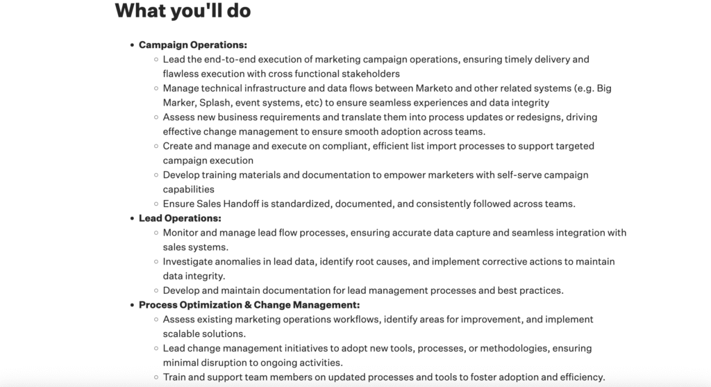 Job description for a marketing operations role