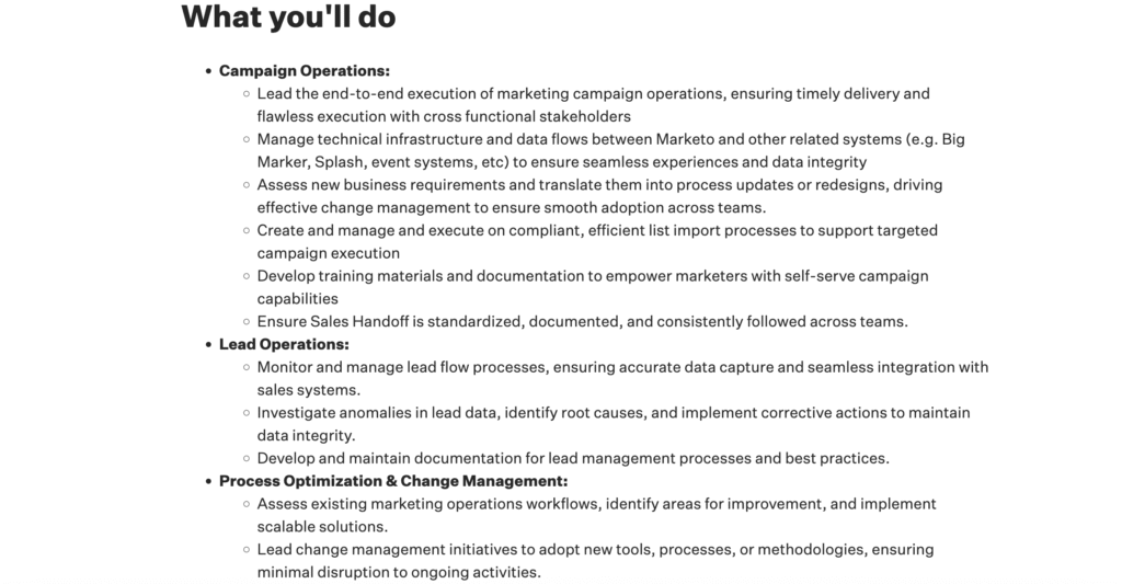 Job description for a marketing operations role